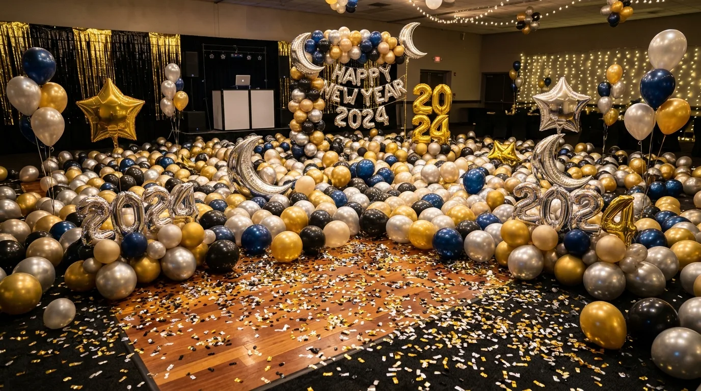 Confetti and balloons arranged on the floor for New Year's Eve
